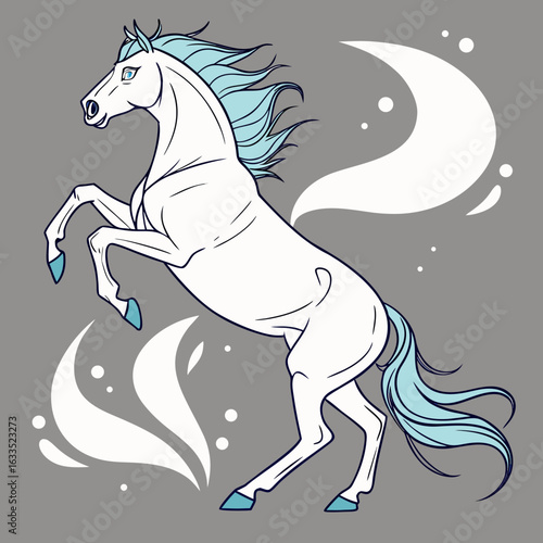 Rearing white horse on gray.







