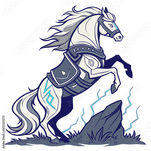 Rearing white horse on gray.







