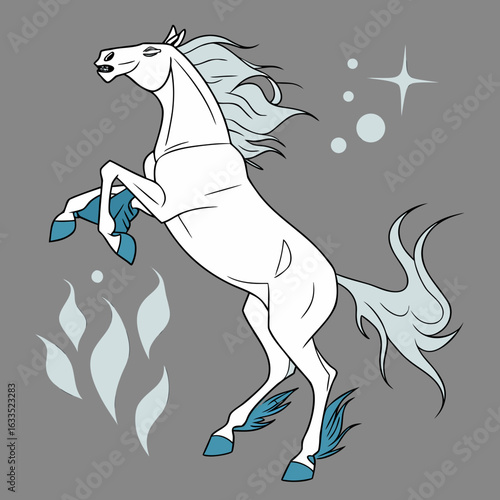 Rearing white horse on gray.







