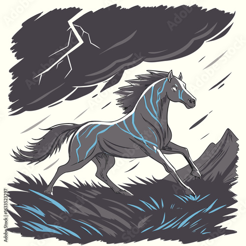 Rearing white horse on gray.







