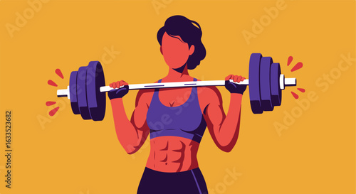 Woman lifts barbell, showcasing toned physique on a yellow background