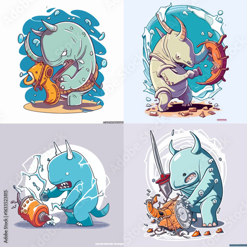 Four whimsical, digital illustrations of cartoon creatures in dynamic poses, each engaged in a destructive act.  The creatures exhibit exaggerated features and bold colors.