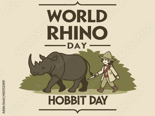 World Rhino Day Illustration Featuring a Hobbit like Character whimsical illustration celebrates with cartoon rhino and hobbit like