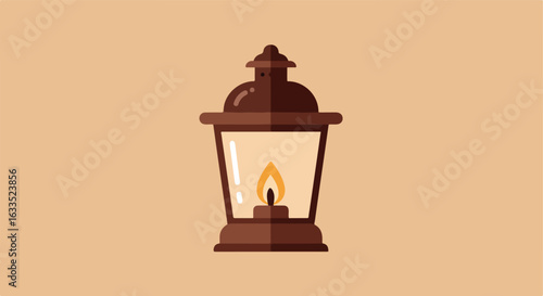 Lit brown lantern with a bright orange flame on a light brown background