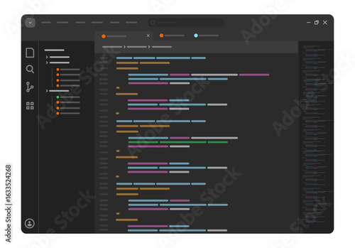 Code editor interface in dark mode featuring a file directory sidebar and lines of colored syntax highlighted code related to programming software development coding and web development