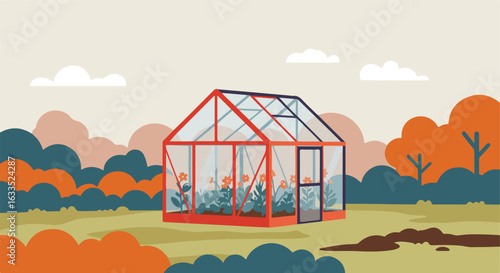 Greenhouse filled with flowers set against landscape