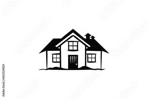 Simple black and white illustration of a charming detached house with a pitched roof and visible windows presented in a clean silhouette style