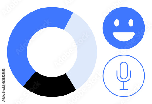 Blue and black pie chart alongside smiling face and microphone icon intertwining analytics, human emotion, and voice technology. Ideal for analytics, feedback tools, surveys, voice recognition