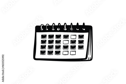 A hand drawn sketch of a desk calendar with a spiral binding showcasing a grid of dates and a rough textured artistic silhouette style
