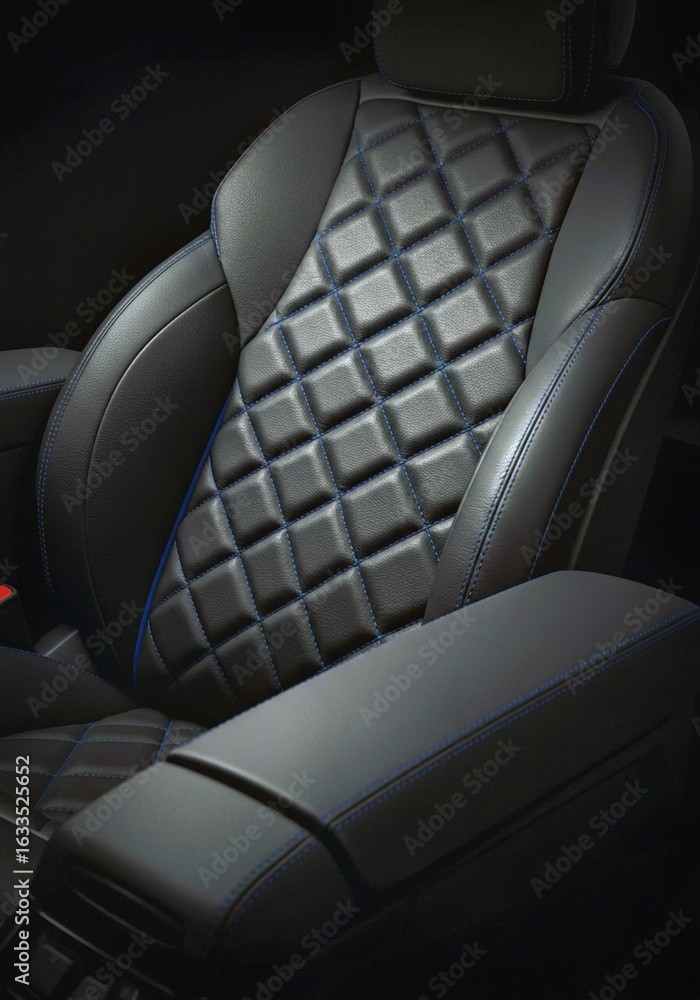 Obraz premium black leather armchair, luxury car featuring quilted black leather with vibrant blue stitching and accents. Ergonomic, padded interior offers premium comfort and high-quality detail for automotive ent