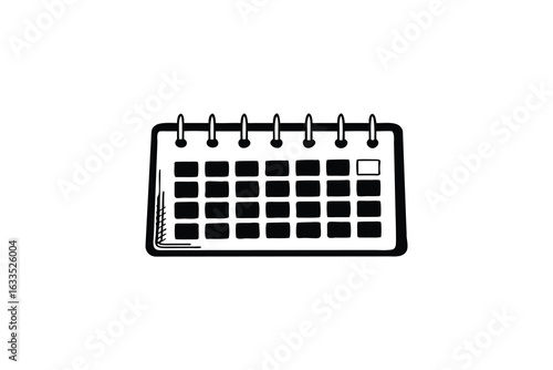 A simple black and white line art illustration of a desk calendar with a spiral binding showcasing a grid of dates presented in a clean silhouette style