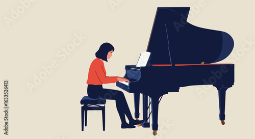 Woman plays grand piano, wearing red shirt, in flat illustration style