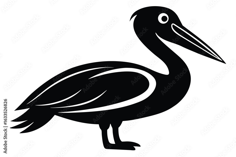 Obraz premium Stylized Black and White Illustration of a Pelican with Long Beak and Eye