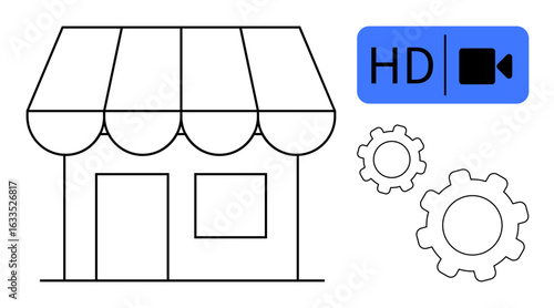 Storefront with awning alongside HD video icon and gears. Ideal for marketing, business setup, technology, streaming, innovation, content creation, simple landing page