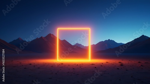 Orange neon square portal in mountain landscape background futuristic design art