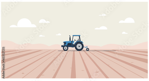 Blue tractor in tan field, hills and clouds on the horizon, simplified style