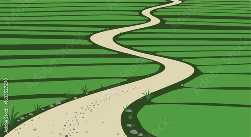Winding dirt path through vibrant green fields
