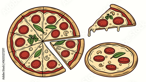 Delicious pepperoni pizza with basil and mushrooms italian food illustration vector graphic design art
