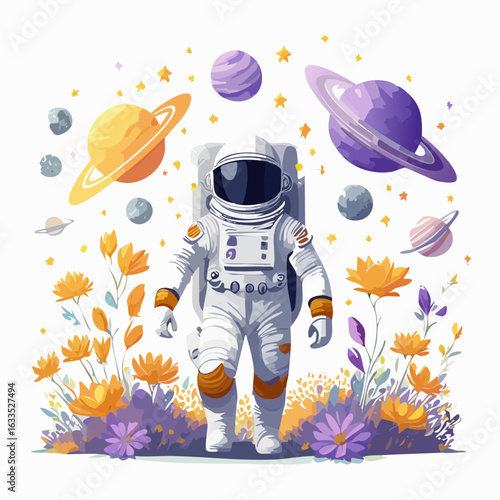 Brave astronaut drifting among planets and cosmic dust on a vibrant alien world, ideal for posters, classroom visuals, and STEM outreach materials
