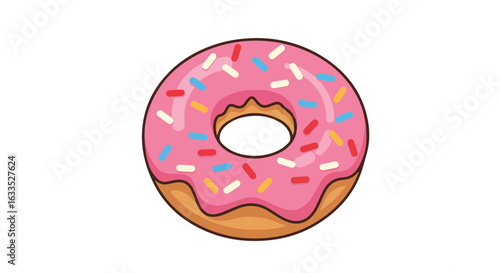 Cartoon donut with pink frosting and colorful sprinkles on a white background