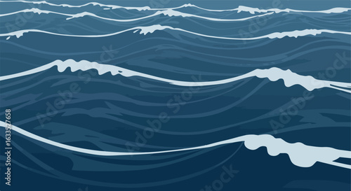 Stylized illustration of calm, blue, layered ocean waves with white crests