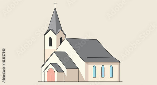 Line art drawing of a church with a steeple and cross on a beige background
