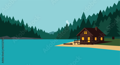 Cabin by a lake with pine trees, stylized and bright