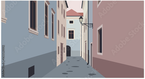 Narrow European street, buildings with windows and a lamp