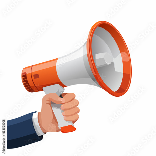 Hand holding a megaphone, loudspeaker device used for announcements, public address, marketing campaigns, and event promotion visuals conveying urgent communication
