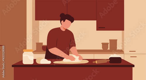 Woman kneading dough on a counter in a kitchen in shades of brown and tan