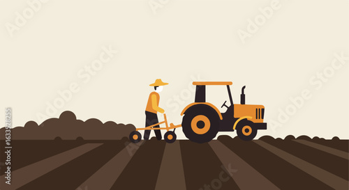 Cartoon of a farmer using a plow and tractor in a field of tilled soil