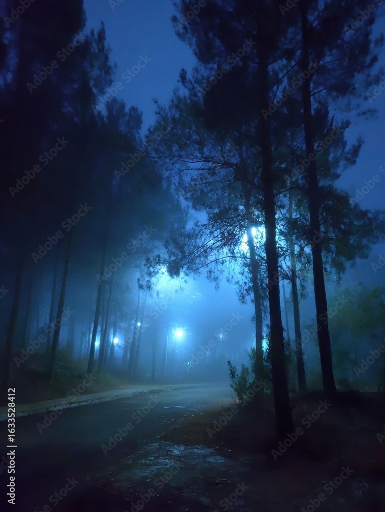 Obraz premium Mysterious Fog Envelops a Quiet Forest Path Illuminated by Soft Blue Lights at Night