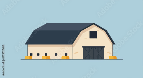 Cartoon drawing of barn with bales of hay in front, set on a light blue background