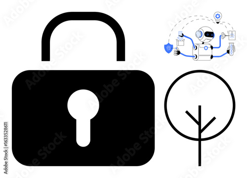 Black padlock, AI-powered robot with security icons, and linear tree outline. Ideal for cybersecurity, AI, data protection, sustainability, innovation eco-tech minimalism. Simple flat metaphor