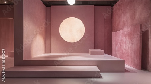 Minimalist, rosy-hued interior display space with tiered platform and circular light feature