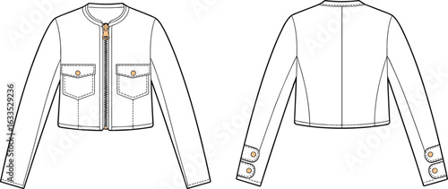 Jacket technical sketch, front and back view, zipper closure, flap pockets, buttoned cuffs, garment illustration, fashion flat, clothing design, sewing template, outerwear.