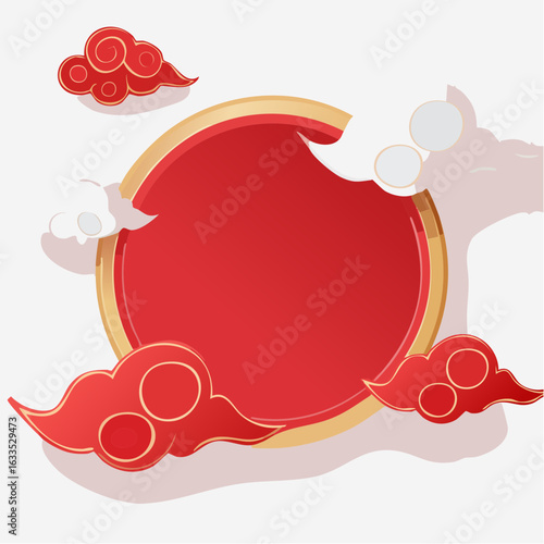 Bold red sun motif paired with fluffy stylized clouds, suitable for travel posters, wellness blogs, and nature inspired prints with a warm, uplifting vibe
