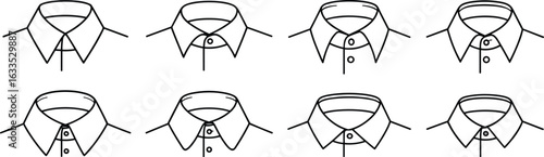 Men’s shirt collar styles, fashion illustration, black and white line drawing, eight collar types, garment detail, clothing design, template, fashion flat, sketch.