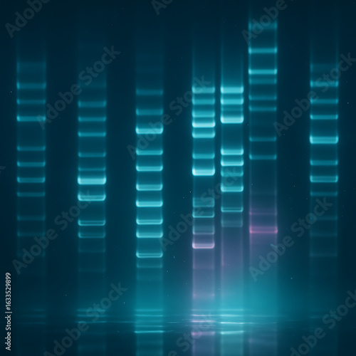 Glowing DNA sequence bands in futuristic gel electrophoresis analysis, genetic barcode pattern illuminated in neon blue and purple light, biotech medical research concept in molecular biology technolo