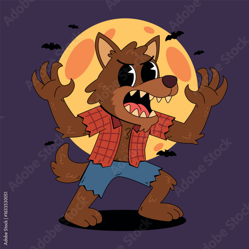 Werewolf cartoon with moon and bats