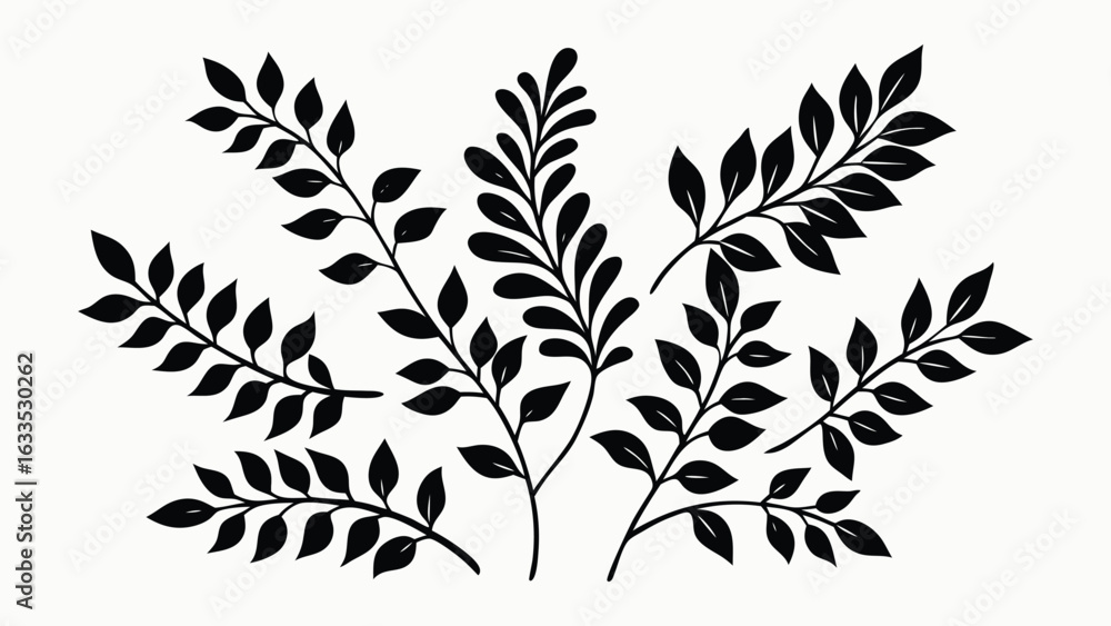 Naklejka premium Vector art of black silhouette of branching leaves and plant stems isolated on white background.