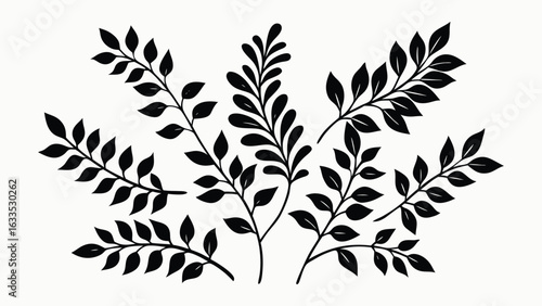 Vector art of black silhouette of branching leaves and plant stems isolated on white background.