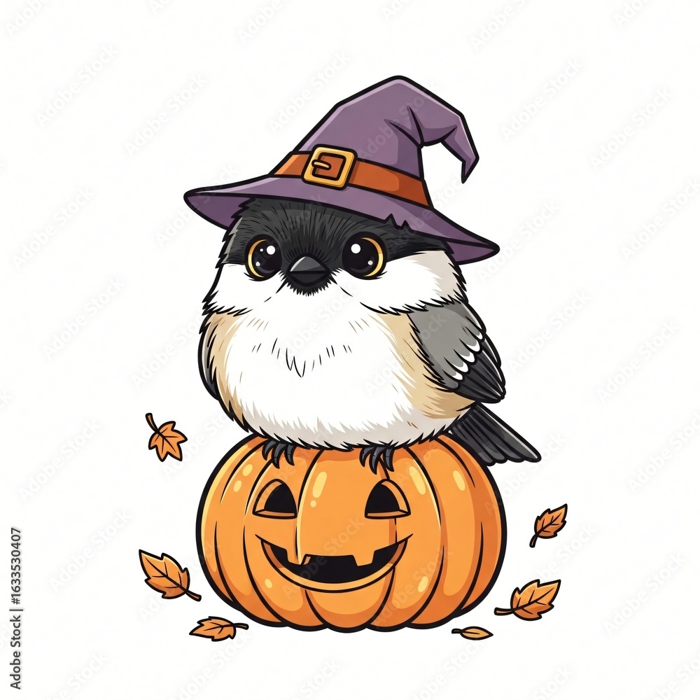 Fototapeta premium Adorable Halloween Bird in Witch Hat on Jack o lantern Pumpkin