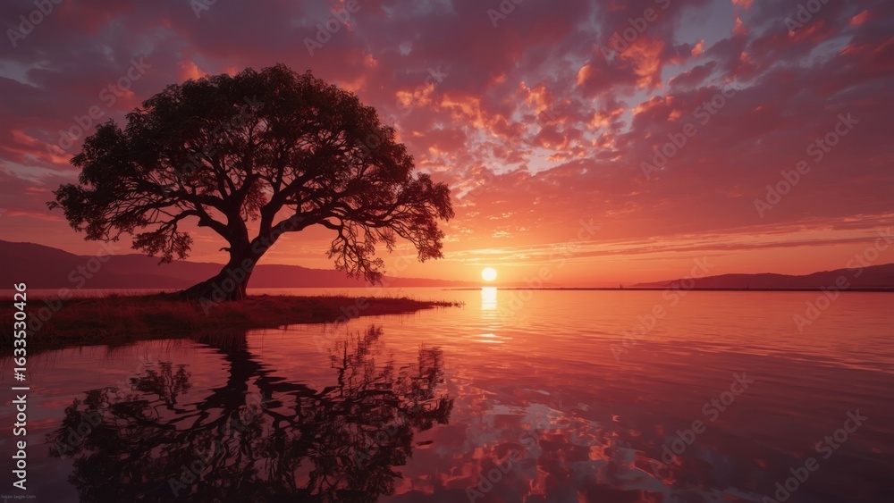 Obraz premium Majestic solitary tree silhouetted against a vibrant red sunset reflecting on a calm tranquil lake creating a breathtaking natural landscape