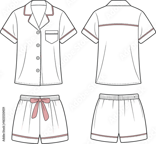 Pajama set technical sketch, front and back view, short sleeve shirt, elastic shorts, button-up design, collar detail, fashion flat, garment illustration, sleepwear.