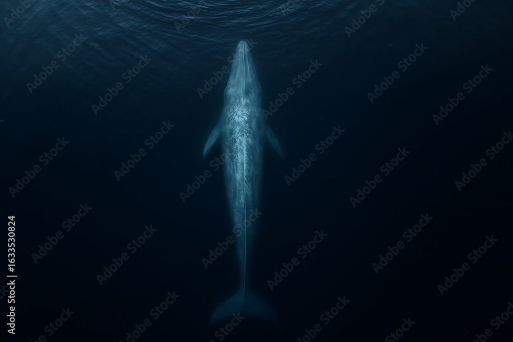 Naklejka premium Top-Down View of a Blue Whale Swimming in the Deep Ocean