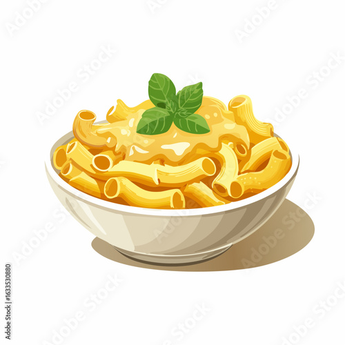 Bright bowl of creamy pasta topped with fresh basil leaves, captured in a vibrant illustration perfect for culinary blogs, recipe cards, restaurant menus, and food marketing
