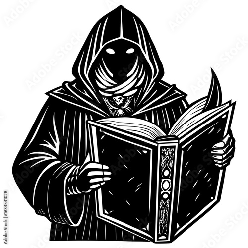 A mysterious wizard in a robe is reading a spellbook isolated on white background