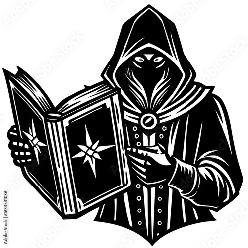 A hooded wizard casts a spell from an ancient book isolated on white background