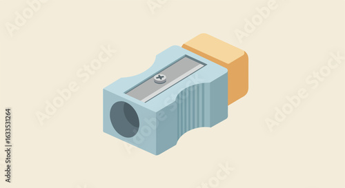 Isometric pencil sharpener, light blue and beige, angled view on cream background